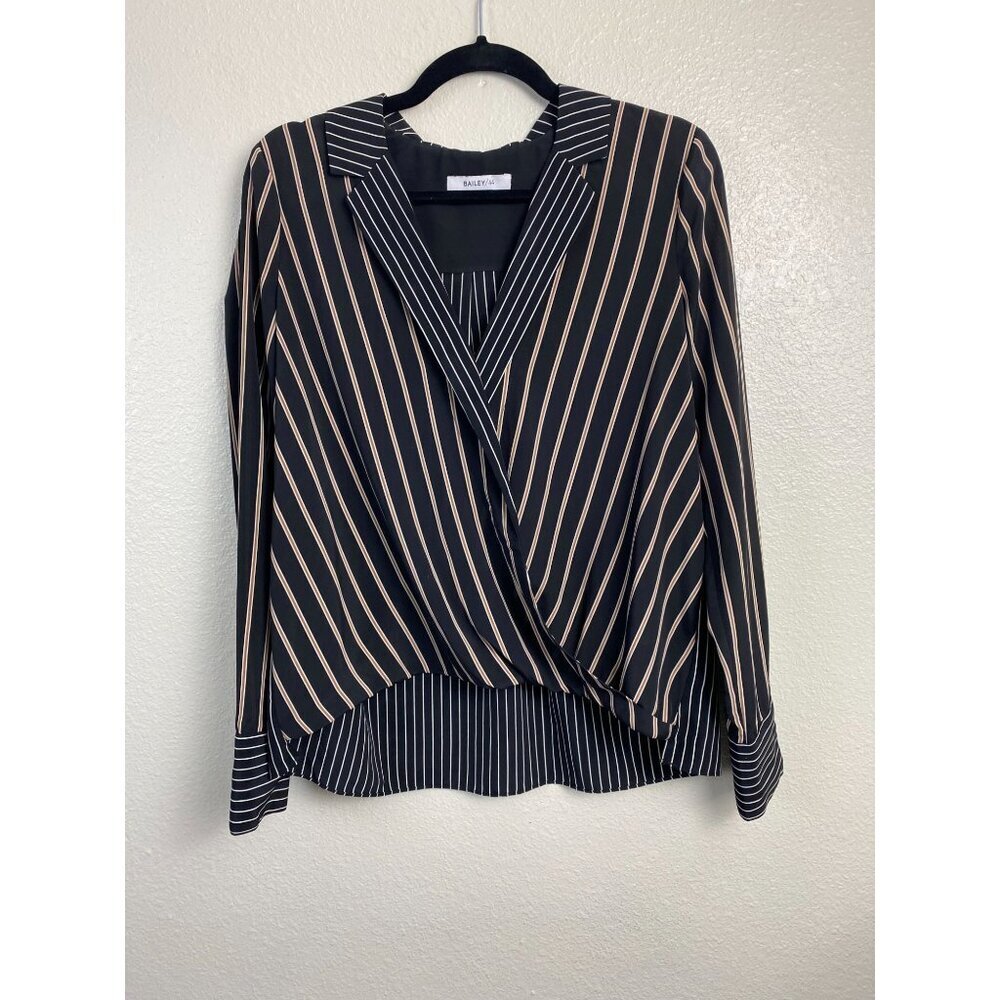 Bailey 44 Airy Faux Wrap Long Sleeve Blouse Top Womens size Medium Stripes Black